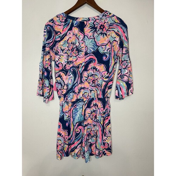 Lilly Pulitzer Womens XXS Blue Pink Romper Elastic Waist Bell Short Sleeve VNeck - Picture 8 of 11